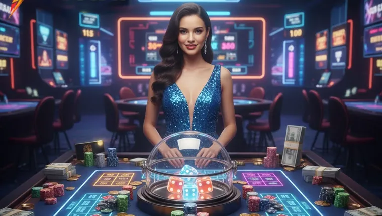 Live casino dealer with a roulette wheel and cards on a table